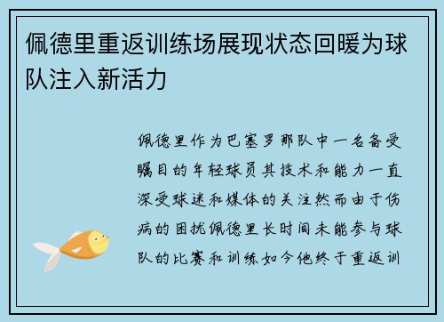 佩德里重返训练场展现状态回暖为球队注入新活力